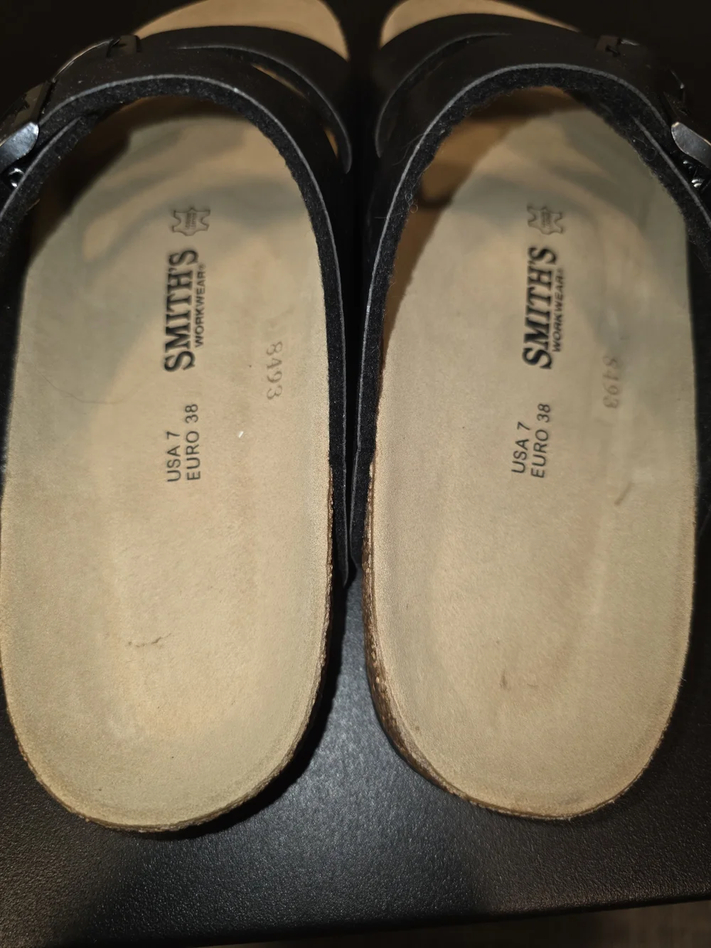 SMITH Black Double-Strap Buckle Sandals with Tan Footbed